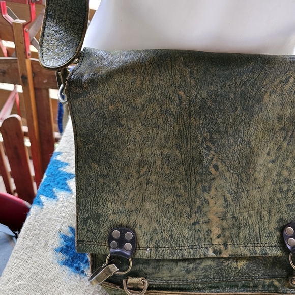 Distressed Army Green Leather Messenger Bag - Picture 2 of 9